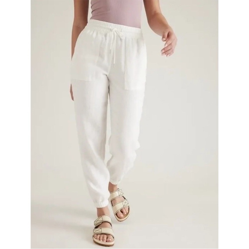Athleta Retreat Linen Jogger Pants Size 12 Calla Lily White #531704